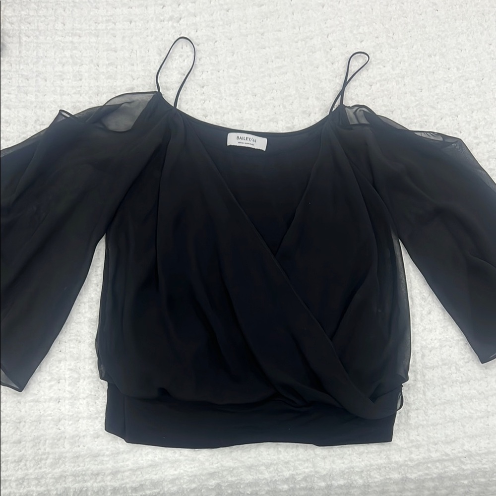 Bailey 44 Black Sheer Cold Shoulder Blouse with Bell Sleeves, Size M